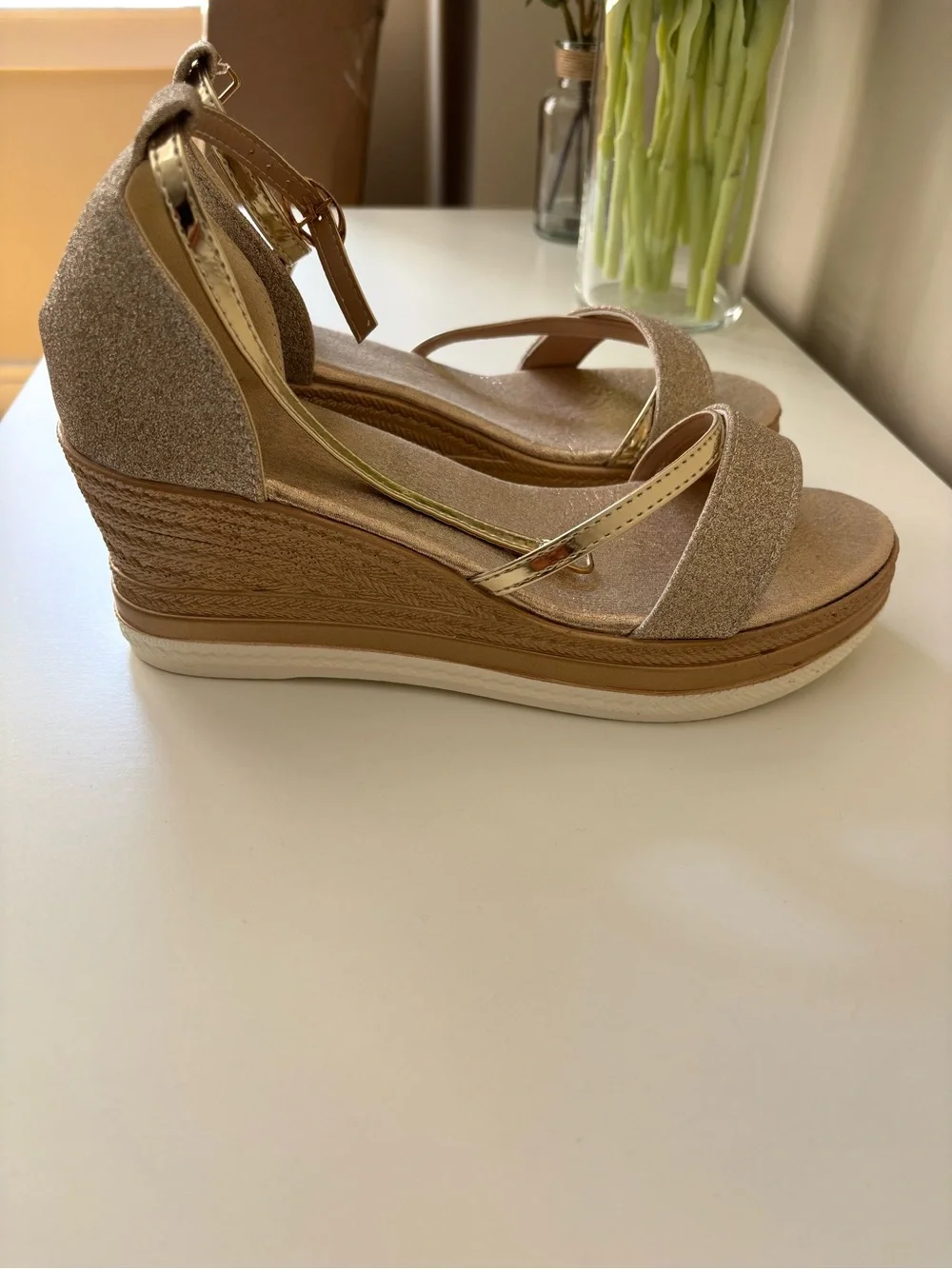 Gold Glitter and Tan Wedge Sandals with Ankle Strap